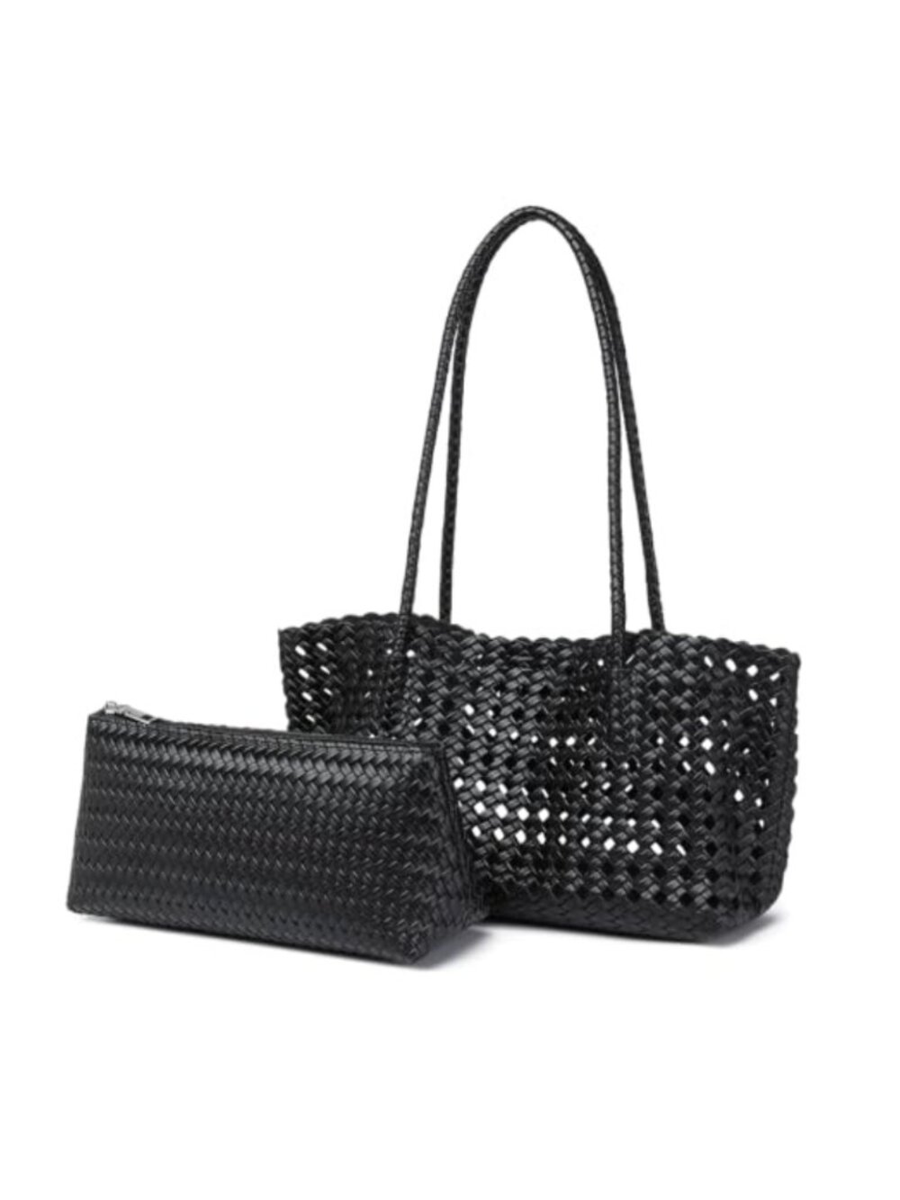 Faux Leather Hollow Weave Shoulder Bag Braided Handles Tote Purse
